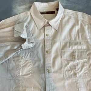 Perry Ellis Dress Shirt Mens L Tan Roll Tab Sleeve Safari Preppy Button Up